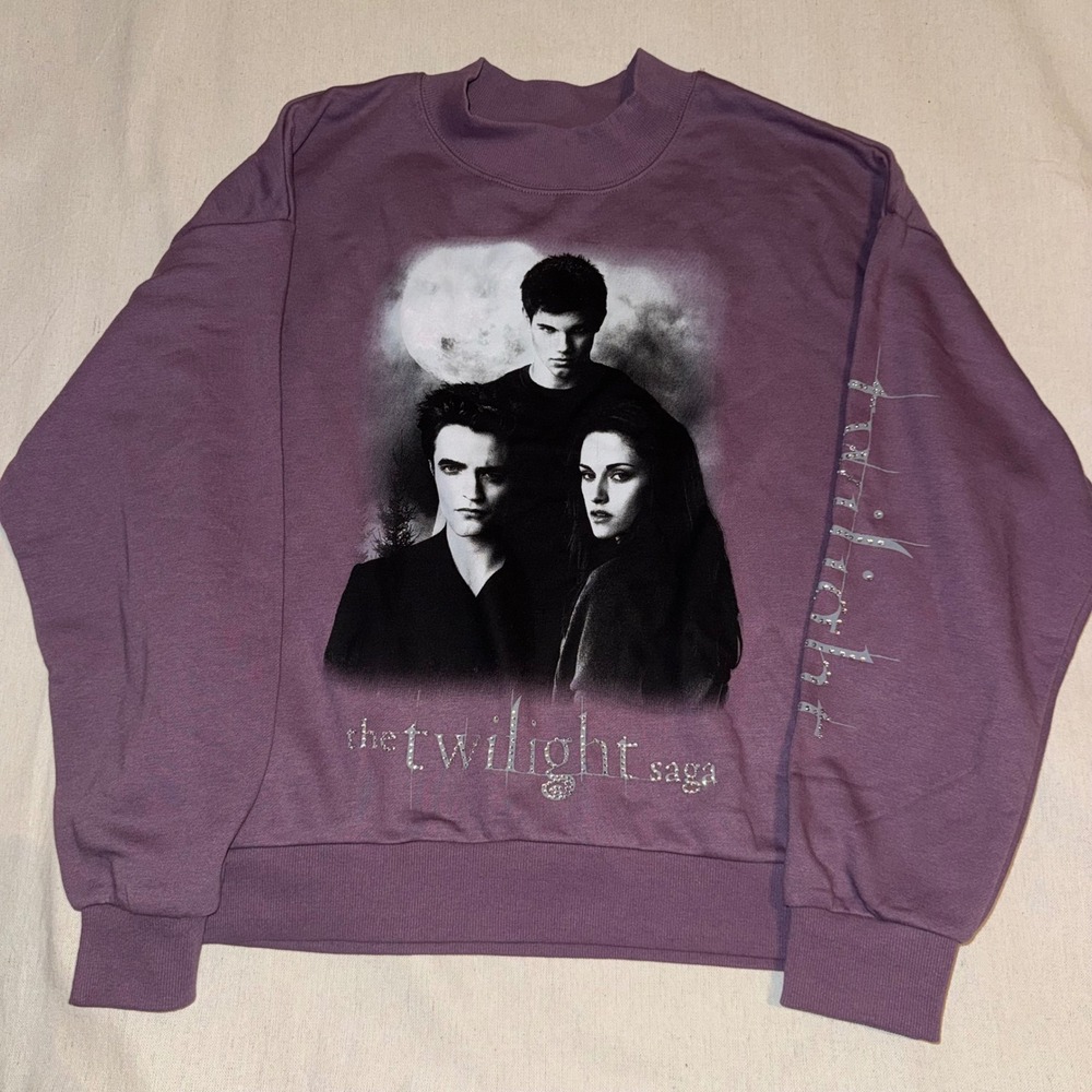 The Twilight Saga Graphic Mock Neck Sweatshirt Purple Rhinestone Edward Bella M